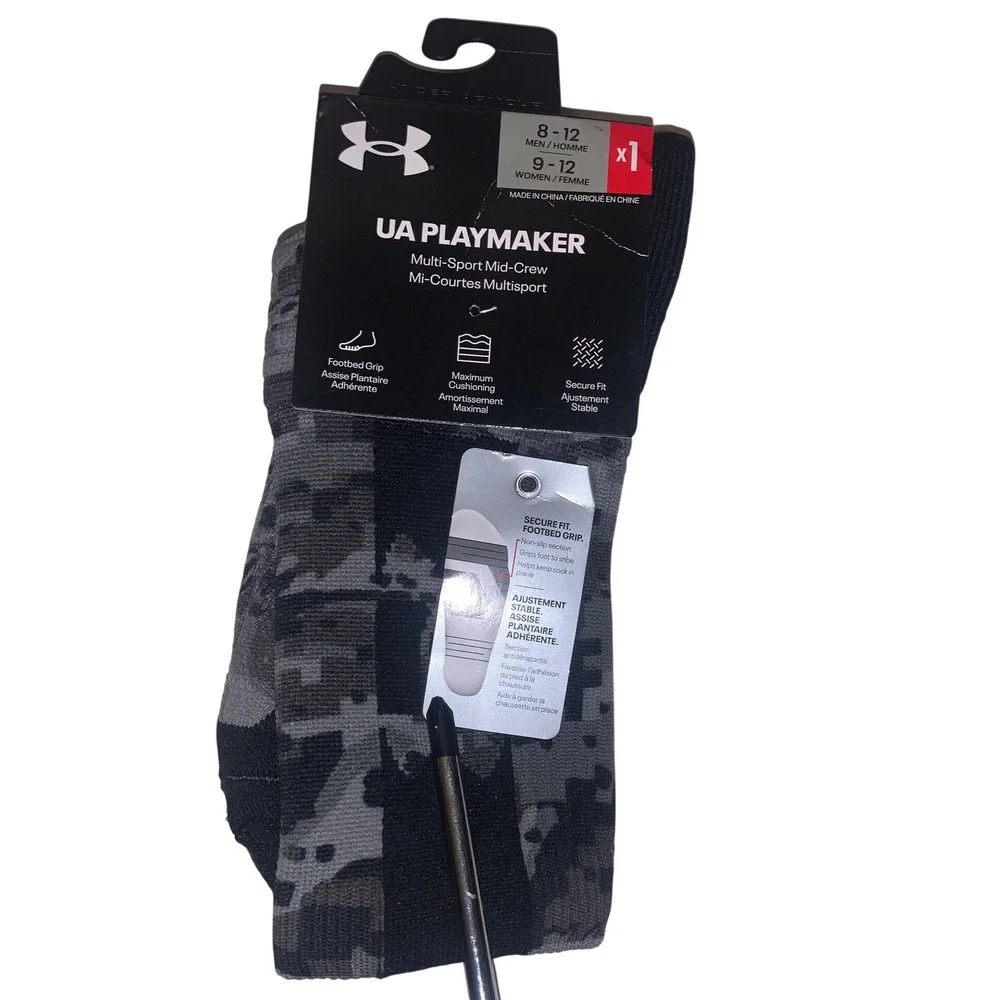 Under Armour Playmaker Mid-Crew Socks Concrete Black Camo Men 8-12 Women 9-12